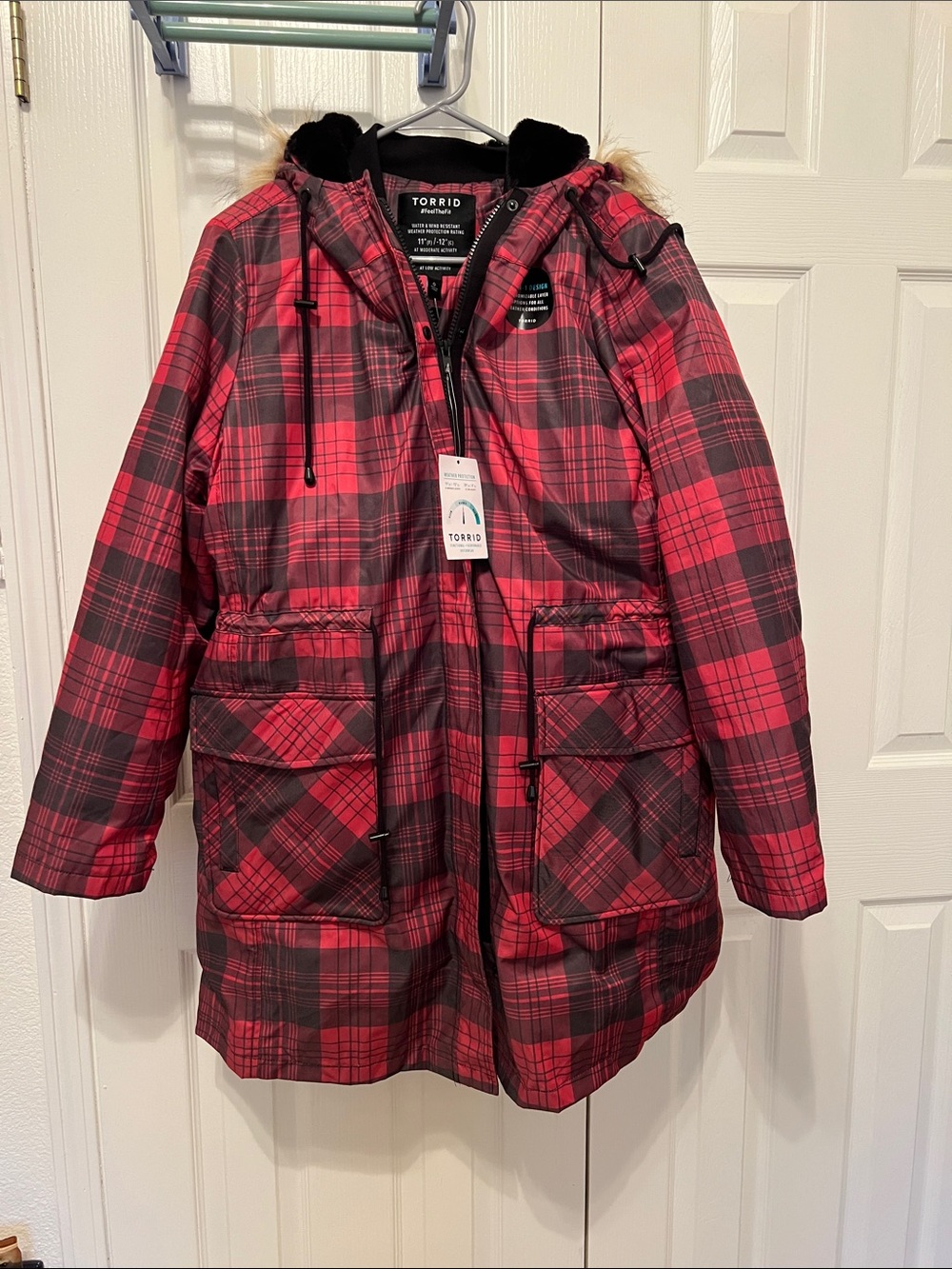 torrid Red & Black Plaid Hooded Puffer Coat